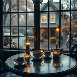 An image of a charming antique café table adorned with coffee and candles