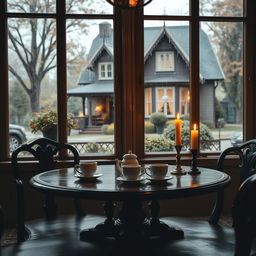 An image of a charming antique café table adorned with coffee and candles