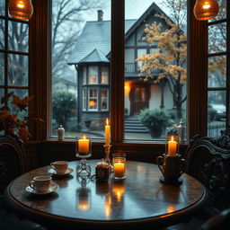 An image of a charming antique café table adorned with coffee and candles