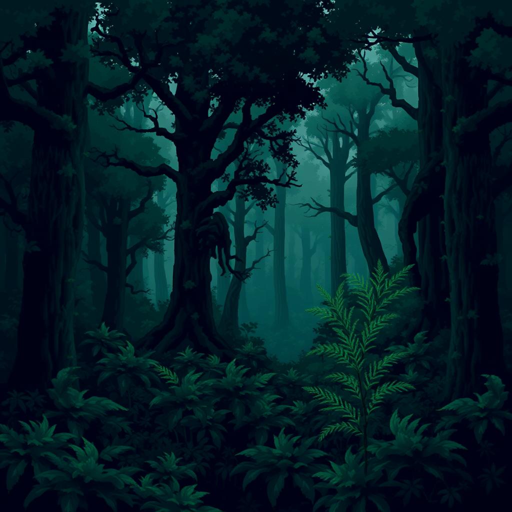 A dark green forest depicted in pixel art style, embodying a dark fantasy theme typical of Dungeons & Dragons