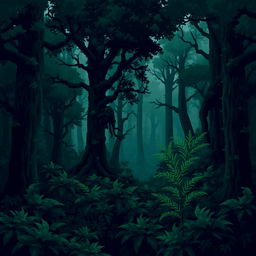 A dark green forest depicted in pixel art style, embodying a dark fantasy theme typical of Dungeons & Dragons