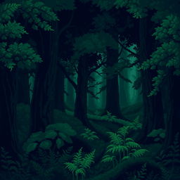 A dark green forest depicted in pixel art style, embodying a dark fantasy theme typical of Dungeons & Dragons