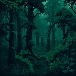 A dark green forest depicted in pixel art style, embodying a dark fantasy theme typical of Dungeons & Dragons