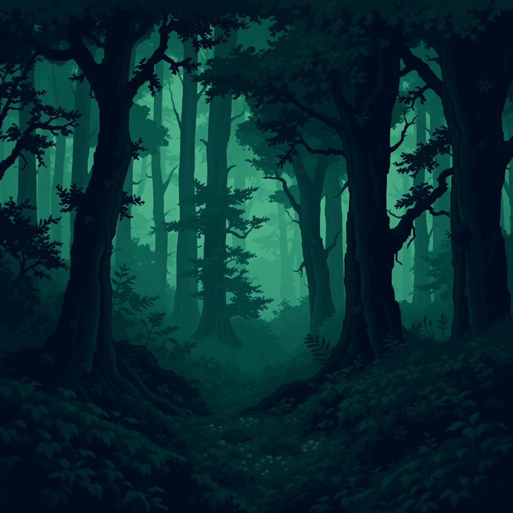 A dark green forest depicted in pixel art style, embodying a dark fantasy theme typical of Dungeons & Dragons