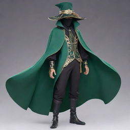 Transform the character into a mysterious and sophisticated figure akin to Scaramouche from Genshin Impact, with a luxury veil connected to a hat covering his face, all accented with dark green.