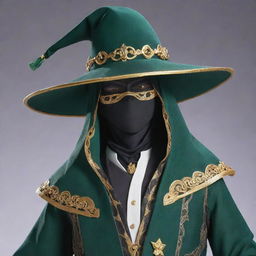 Transform the character into a mysterious and sophisticated figure akin to Scaramouche from Genshin Impact, with a luxury veil connected to a hat covering his face, all accented with dark green.