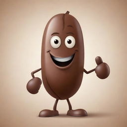 A male cartoon character cheerfully holding a glossy coffee bean in his hands.