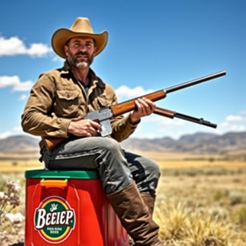 A rugged man sitting on a beer cooler, wearing a cowboy hat, holding a long rifle in his hand