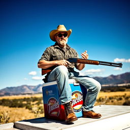 A rugged man sitting on a beer cooler, wearing a cowboy hat, holding a long rifle in his hand