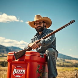 A rugged man sitting on a beer cooler, wearing a cowboy hat, holding a long rifle in his hand