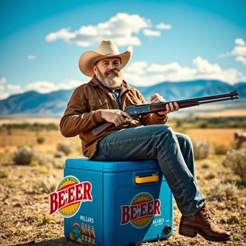 A rugged man sitting on a beer cooler, wearing a cowboy hat, holding a long rifle in his hand