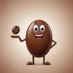 A male cartoon character cheerfully holding a glossy coffee bean in his hands.