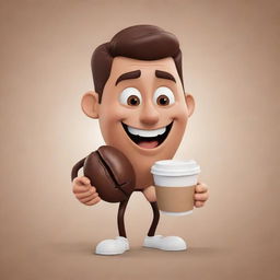 A male cartoon character cheerfully holding a glossy coffee bean in his hands.