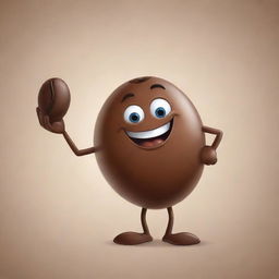 A male cartoon character cheerfully holding a glossy coffee bean in his hands.