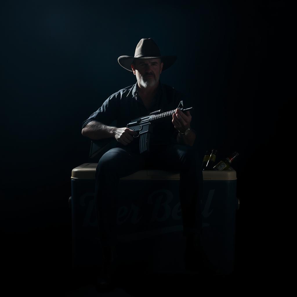 A man sitting on a large beer cooler, wearing a wide-brimmed hat and holding a long firearm