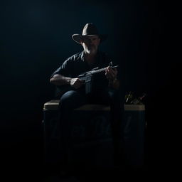 A man sitting on a large beer cooler, wearing a wide-brimmed hat and holding a long firearm