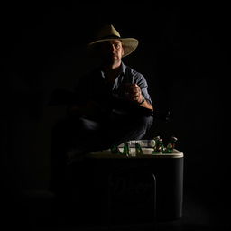 A man sitting on a large beer cooler, wearing a wide-brimmed hat and holding a long firearm