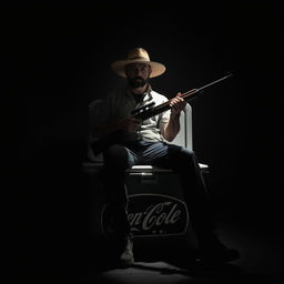 A man sitting on a large beer cooler, wearing a wide-brimmed hat and holding a long firearm