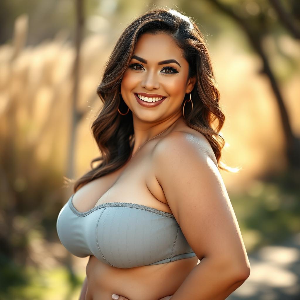 A stunning, voluptuous woman with large breasts, confidently posed in a natural outdoor setting, exuding beauty and allure