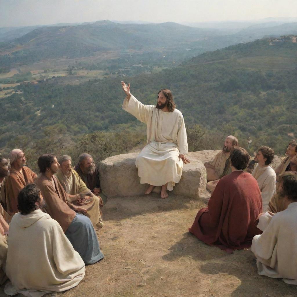 Generate a scene of Jesus Christ giving the Sermon on the Mount. Christ is elevated on a hillock, speaking eloquently to a group of attentive disciples and followers, His gestures conveying a profound sense of wisdom and compassion.