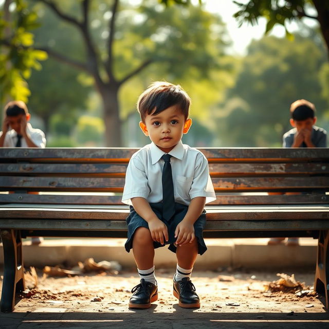 A young child sitting alone on a park bench, looking determined and hopeful, wearing a neat school uniform while other children in the background are seen engaging in unsavory activities, such as neglecting education and using drugs