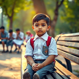 A young child sitting alone on a park bench, looking determined and hopeful, wearing a neat school uniform while other children in the background are seen engaging in unsavory activities, such as neglecting education and using drugs