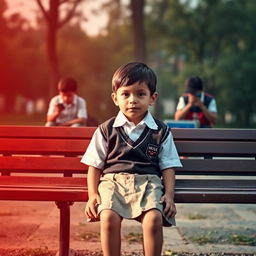 A young child sitting alone on a park bench, looking determined and hopeful, wearing a neat school uniform while other children in the background are seen engaging in unsavory activities, such as neglecting education and using drugs