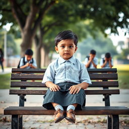 A young child sitting alone on a park bench, looking determined and hopeful, wearing a neat school uniform while other children in the background are seen engaging in unsavory activities, such as neglecting education and using drugs