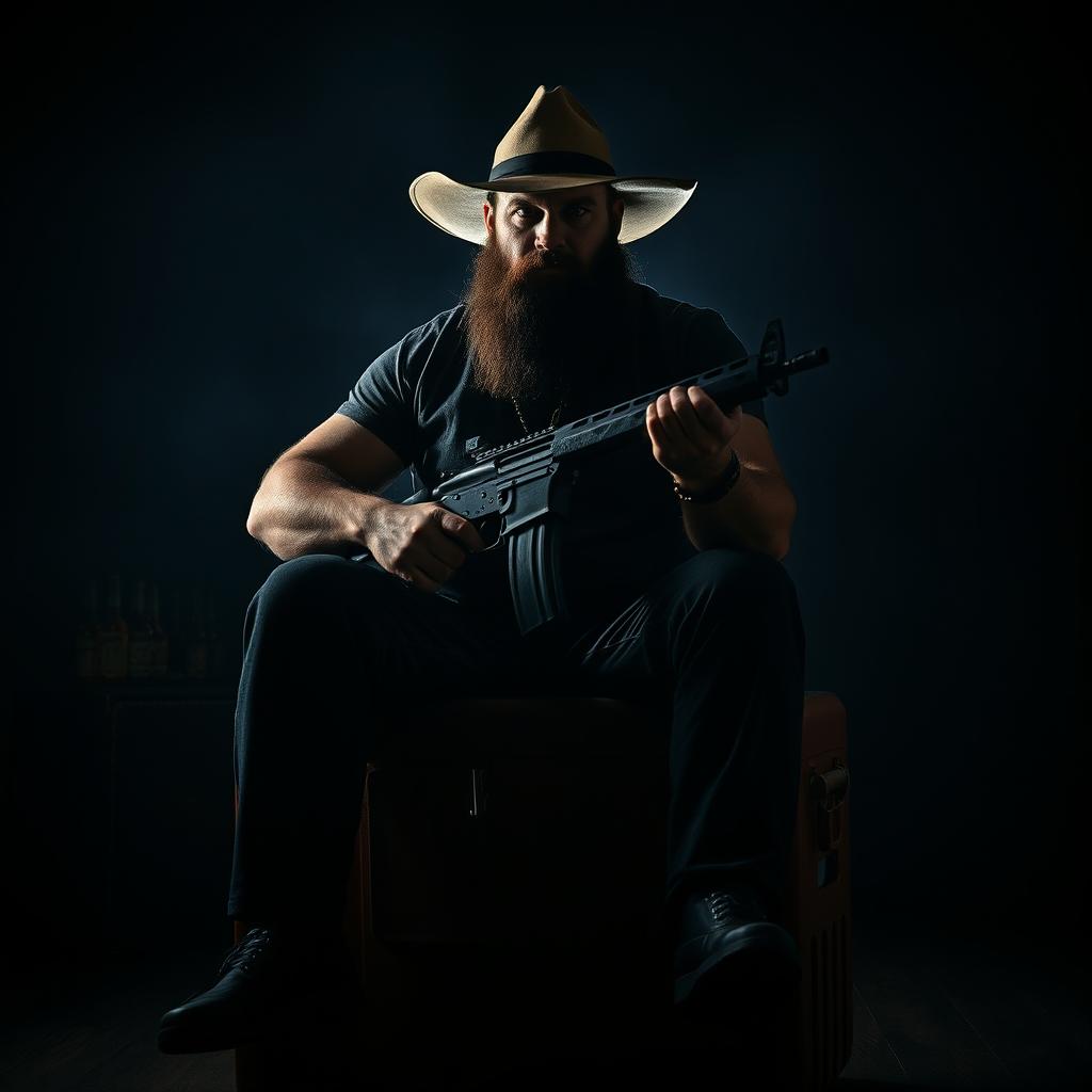 A powerful bearded man with a close-cropped beard sitting on a large beer cooler, wearing a wide-brimmed hat and holding a long firearm