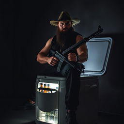 A powerful bearded man with a close-cropped beard sitting on a large beer cooler, wearing a wide-brimmed hat and holding a long firearm