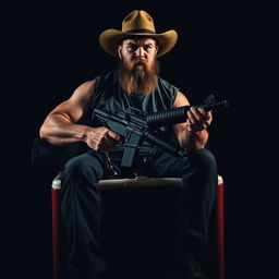 A powerful bearded man with a close-cropped beard sitting on a large beer cooler, wearing a wide-brimmed hat and holding a long firearm