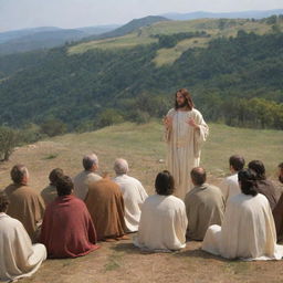 Generate a scene of Jesus Christ giving the Sermon on the Mount. Christ is elevated on a hillock, speaking eloquently to a group of attentive disciples and followers, His gestures conveying a profound sense of wisdom and compassion.