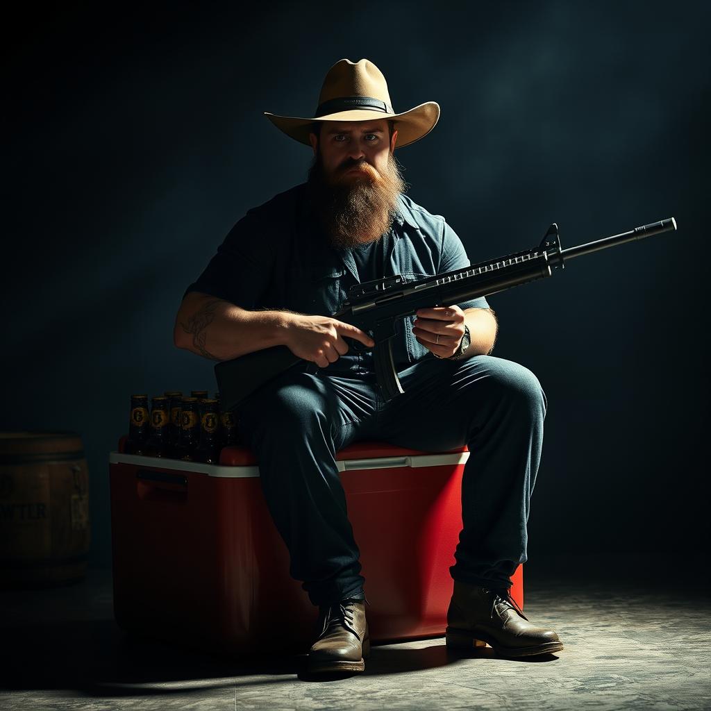 A powerful bearded man with a close-cropped beard sitting on a large beer cooler, wearing a wide-brimmed hat and holding a long firearm