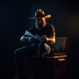 A bearded man looking down while sitting on a large beer cooler, wearing a wide-brimmed hat and holding a long firearm