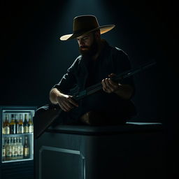 A bearded man looking down while sitting on a large beer cooler, wearing a wide-brimmed hat and holding a long firearm