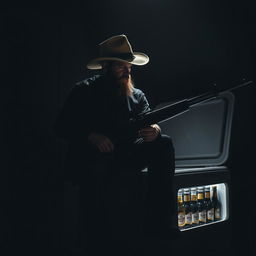 A bearded man looking down while sitting on a large beer cooler, wearing a wide-brimmed hat and holding a long firearm