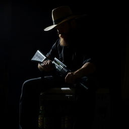 A bearded man looking down while sitting on a large beer cooler, wearing a wide-brimmed hat and holding a long firearm