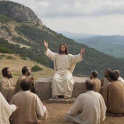 Generate a scene of Jesus Christ giving the Sermon on the Mount. Christ is elevated on a hillock, speaking eloquently to a group of attentive disciples and followers, His gestures conveying a profound sense of wisdom and compassion.