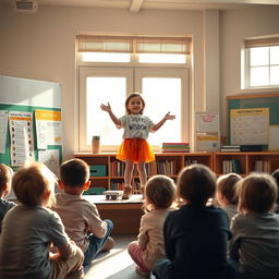 A confident child standing proudly on a small stage in a school setting, giving a motivational speech to a small group of disheartened children seated in front of them