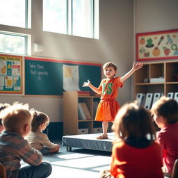 A confident child standing proudly on a small stage in a school setting, giving a motivational speech to a small group of disheartened children seated in front of them