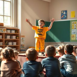 A confident child standing proudly on a small stage in a school setting, giving a motivational speech to a small group of disheartened children seated in front of them