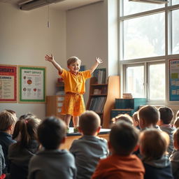 A confident child standing proudly on a small stage in a school setting, giving a motivational speech to a small group of disheartened children seated in front of them