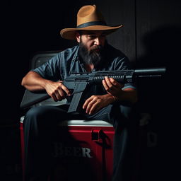 A man with a short black beard looking down while sitting on a large beer cooler, wearing a wide-brimmed hat and holding a long firearm