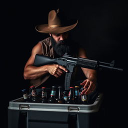 A man with a short black beard looking down while sitting on a large beer cooler, wearing a wide-brimmed hat and holding a long firearm