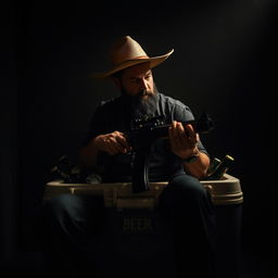 A man with a short black beard looking down while sitting on a large beer cooler, wearing a wide-brimmed hat and holding a long firearm