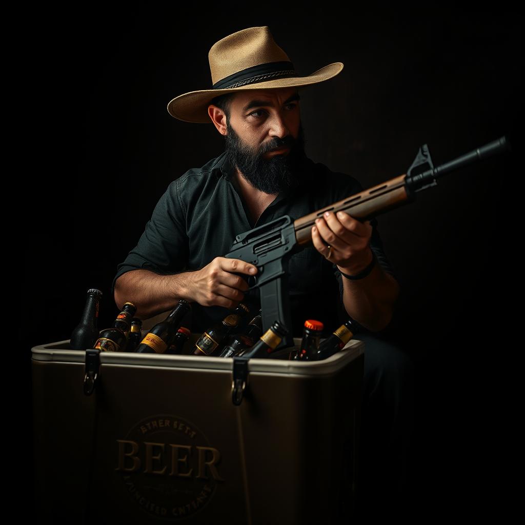 A man with a short black beard looking down while sitting on a large beer cooler, wearing a wide-brimmed hat and holding a long firearm