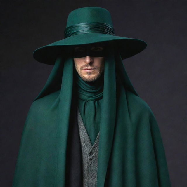 Update the male character's hat, incorporating a long, flowing veil that covers his face, adding a layer of mystique. Both pieces are elegantly accented with dark green.