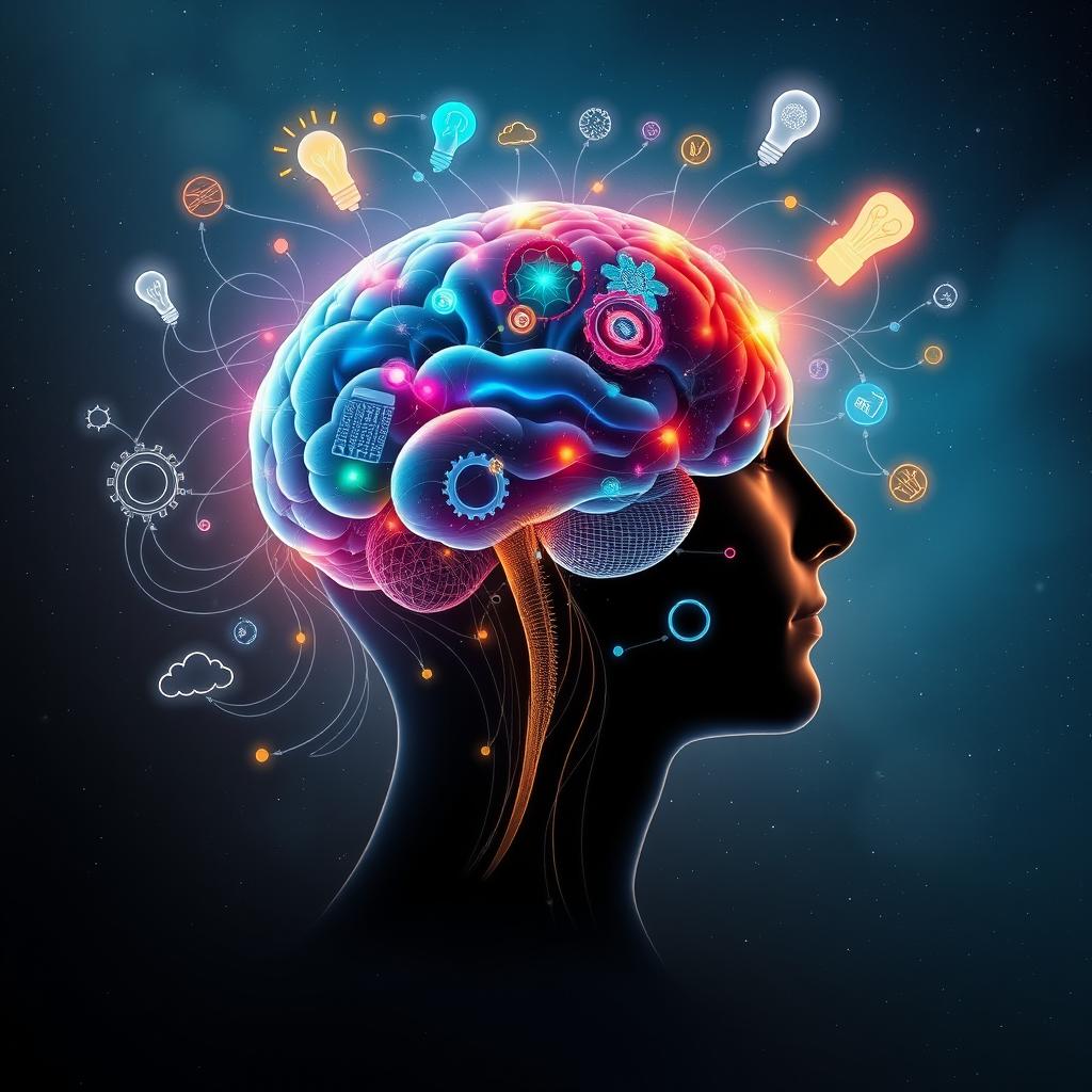 A conceptual artwork capturing the essence of understanding the power of the human mind, featuring a side profile of a human head, with the interior replaced by an intricate, glowing brain filled with vibrant colors like indigo, emerald, and fiery orange, symbolizing deep thought and creativity