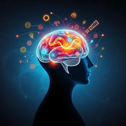 A conceptual artwork capturing the essence of understanding the power of the human mind, featuring a side profile of a human head, with the interior replaced by an intricate, glowing brain filled with vibrant colors like indigo, emerald, and fiery orange, symbolizing deep thought and creativity