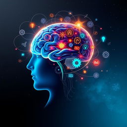 A conceptual artwork capturing the essence of understanding the power of the human mind, featuring a side profile of a human head, with the interior replaced by an intricate, glowing brain filled with vibrant colors like indigo, emerald, and fiery orange, symbolizing deep thought and creativity